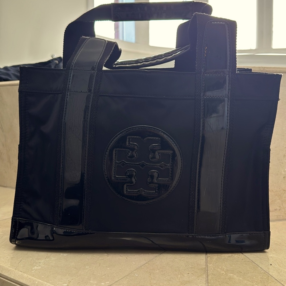 Tory Burch, Ella, Black Patton, nylon tote bag. Gorgeous! Complements any outfit